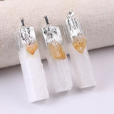 Natural Selenite & Raw Amethyst Pendant | Gold Plated Gypsum Strip Charm for Unisex Crystal Jewelry