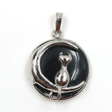 Round Natural Gemstone Pendant Silver Tone Crescent Moon Cat Crystal Charm for DIY Jewelry Making Necklace Craft Supplies