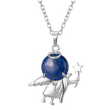 Angel Holding Natural Crystal Ball Pendant Necklace, Silver‑Plated Metal Angel Figurine Spherical Gemstone Charm Reiki Healing Spiritual Jewelry for Women Gift