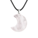 Natural Crescent Moon Necklace - Healing Crystal Moon Pendant with Black Leather Cord - Spiritual Reiki Jewelry for Women & Men