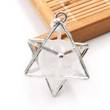 Merkaba Star Cage Natural Sphere Crystal Pendant Necklace, Silver‑Tone Metal Hollow Star Frame with Round Gemstone Bead Reiki Chakra Healing Necklace for Women
