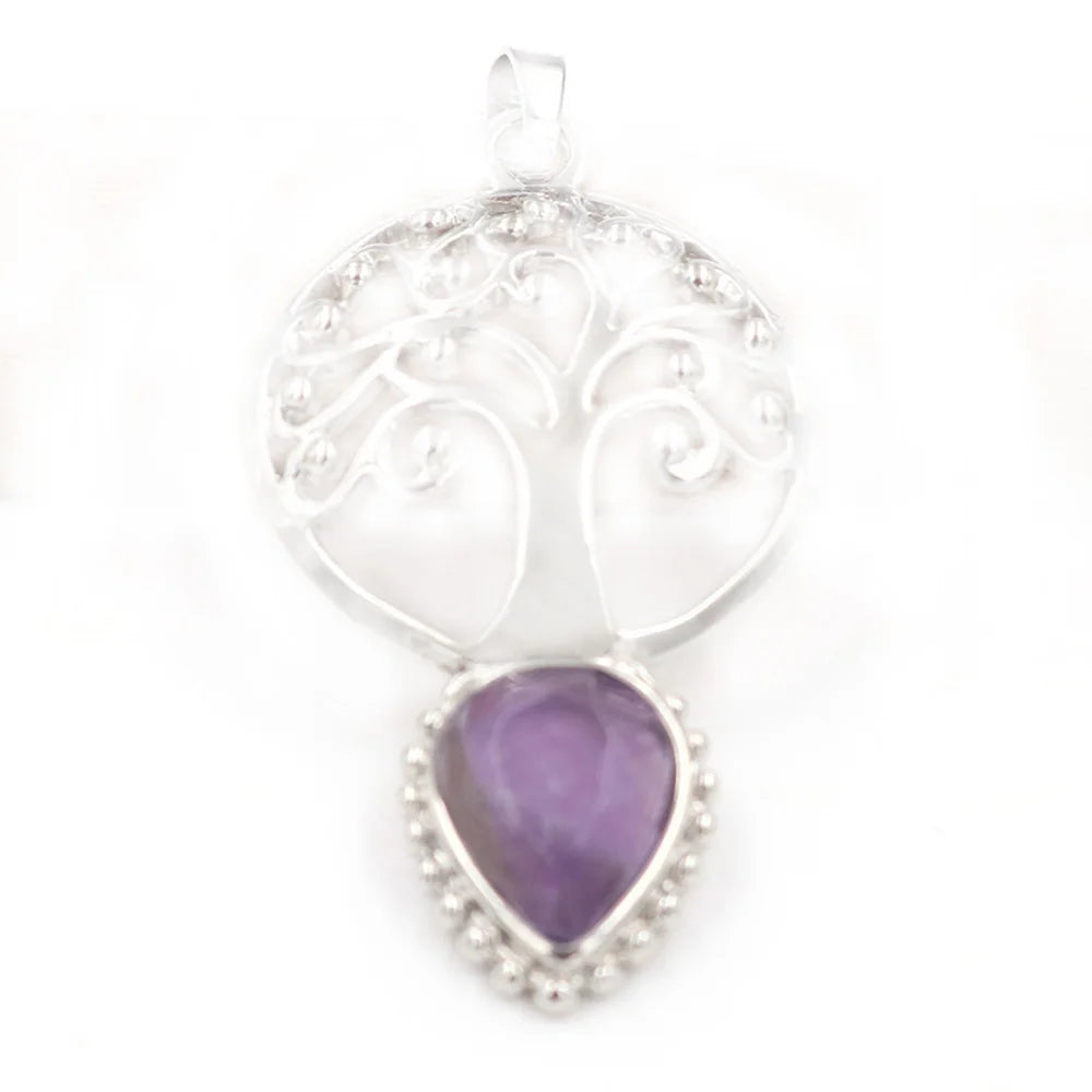 Silver Plated Life Of Tree Pendant with Teardrop Natural Crystal Stone Hollow Filigree Chakra Healing Gemstone Charm for Necklace Making