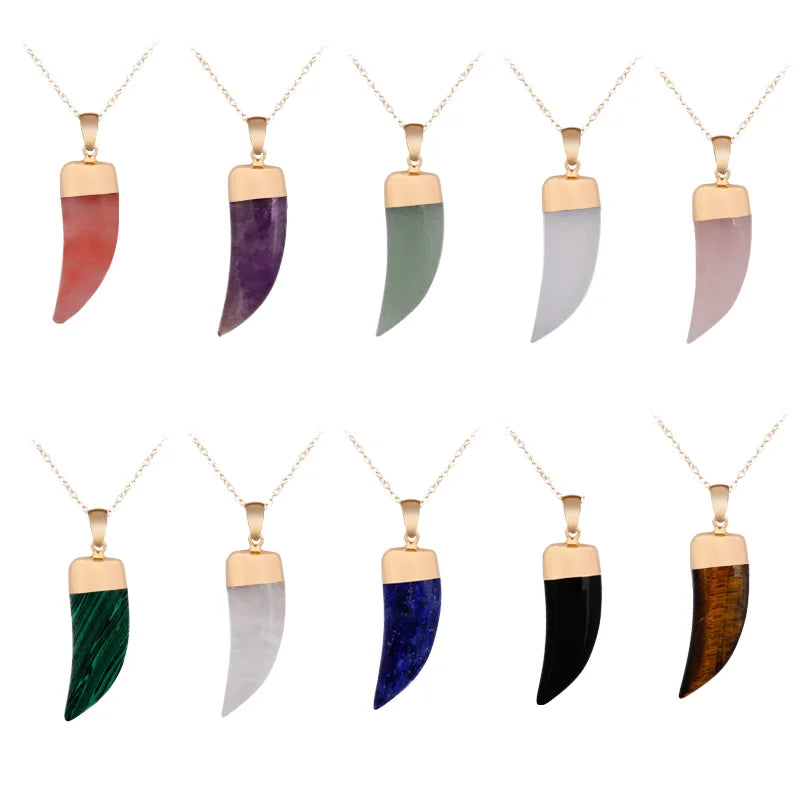 Minimalist Natural Stone Italian Horn Necklace Dainty Gold Plated Pepper and Tooth Shape Charm Spiritual Protection Amulet Crystal Jewelry Gift