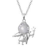 Angel Holding Natural Crystal Ball Pendant Necklace, Silver‑Plated Metal Angel Figurine Spherical Gemstone Charm Reiki Healing Spiritual Jewelry for Women Gift