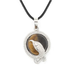 Eagle Silhouette Round Pendant Necklace Silver Lace Frame Natural Crystal Black Wax Cord Spirit Animal Jewelry
