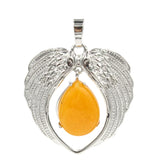 Natural Crystal Angel Wings Pendant | Teardrop Gemstone Heart Amulet Charm | Silver Alloy Feather Wing Quartz Droplet Jewelry Findings for DIY Making