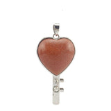 Silver Bezel Heart Natural Stone Key Pendant, Rhinestone Inlaid Chakra Gem Key Charm for DIY Necklace Jewelry Making