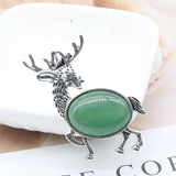 Vintage Deer Stag Natural Crystal Pendant, Antique Silver Alloy Animal Elk Inlaid Oval Cabochon Gemstone Pendant, Chakra Reiki Healing DIY Necklace Jewelry Making Charm