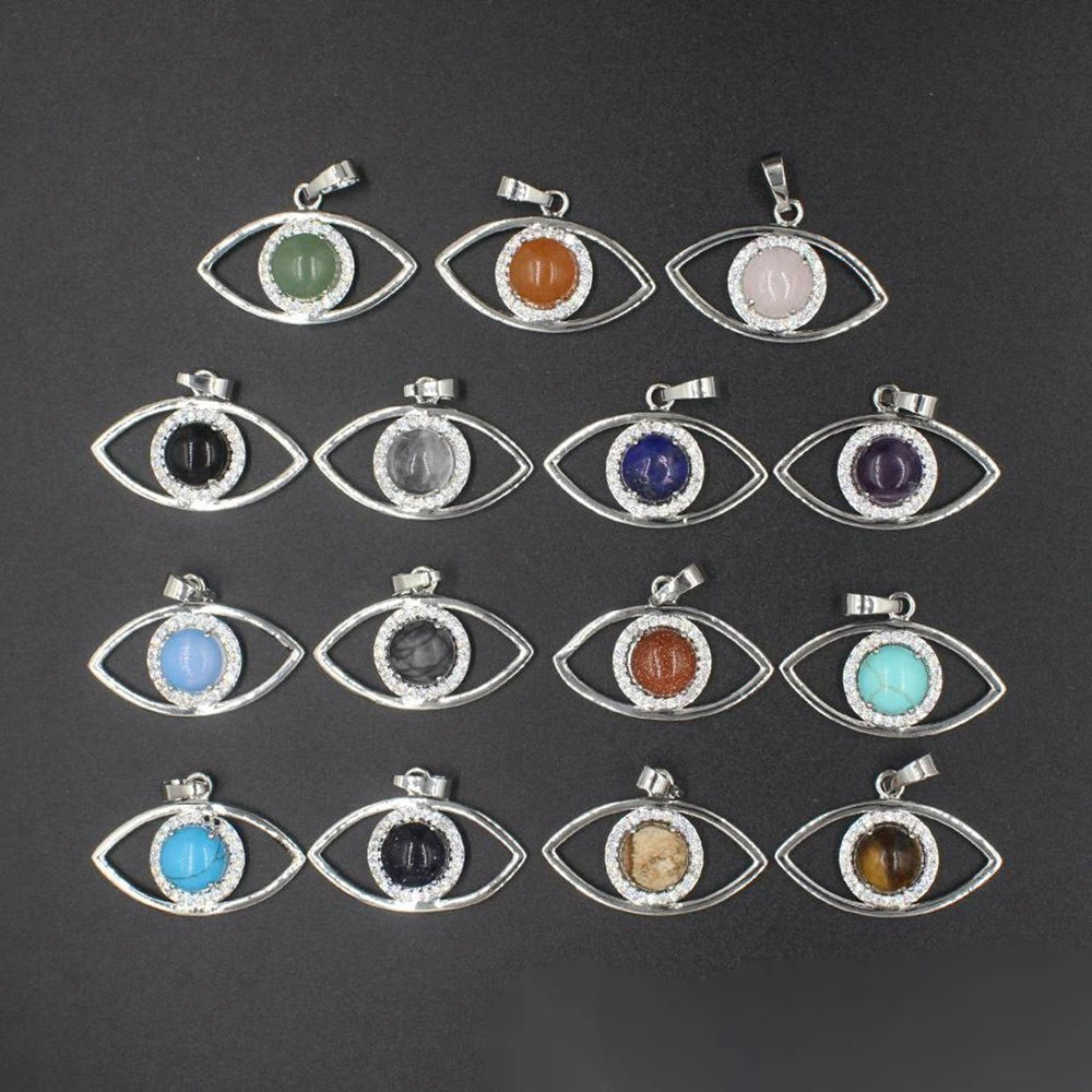 Natural Stone Eye Pendant Necklace Dainty for Girls Women Silver Oval Quartz Crystal Healing Chakra Jewelry