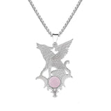 Stainless Steel Flying Wolf Pendant Necklace - Mythical Creature Jewelry with Natural Agate Stone - Gothic Punk Style for Men