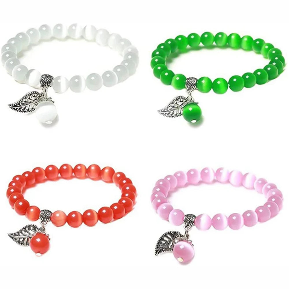 8MM Mystical Cat's Eye Stone Beaded Bracelets with Silver Leaf Accent Healing Elegant Inspired Jewelry