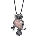 Vintage Antique Silver Owl Pendant, Natural Mixed Gemstone Owl on Branch Charm, Retro Metal Owl Inlaid Crystal Stone Pendant, Reiki Healing Animal Necklace Jewelry for Women