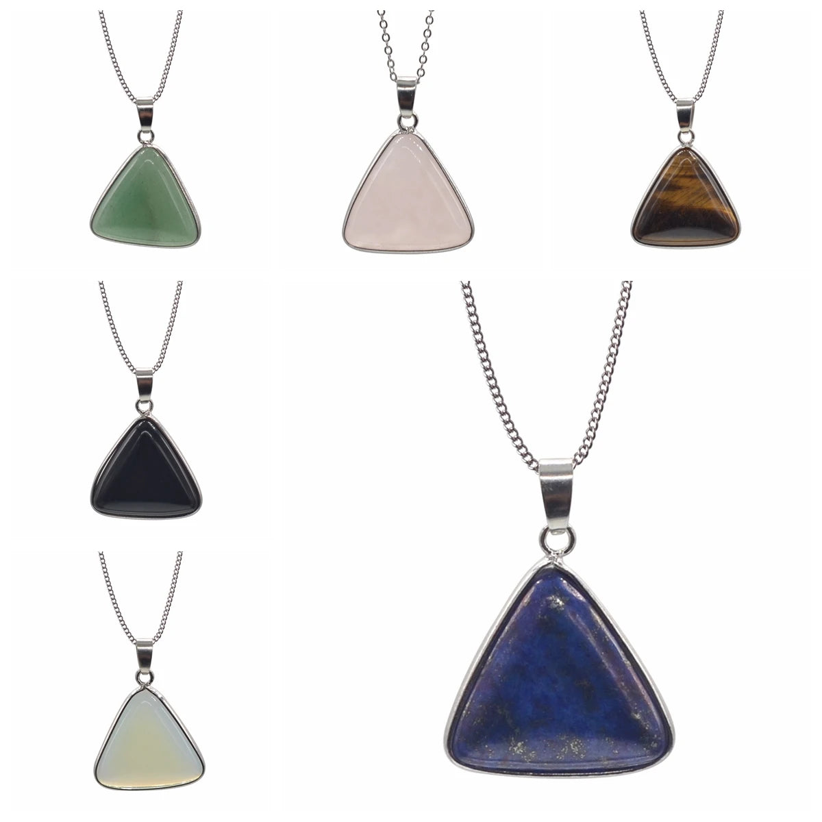 Multi‑Variety Natural Gem Triangle Pendant Necklace, Polished Smooth Cabochon Stone with Silver Chain, Witchy Spiritual Energy Necklace Birthday Holiday Jewelry Gift