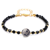4mm Faceted Black Crystal Beaded Bracelet with 10mm Natural Stone Center Bead Gold Plated Adjustable Extension Chain Chakra Healing Bracelet for Women