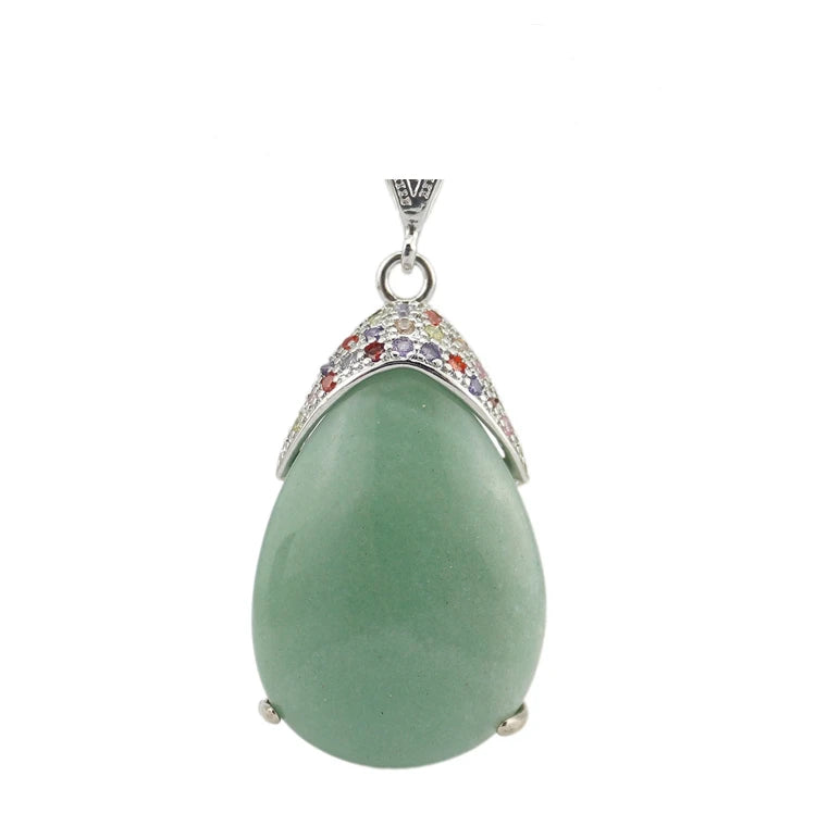 Colorful Zircon Inlaid Silver Bezel Teardrop Natural Gemstone Pendant, Water Drop Chakra Healing Crystal Charm for DIY Necklace Jewelry Making