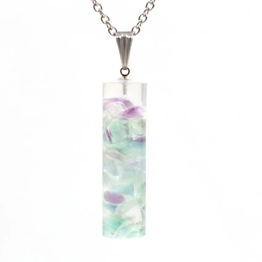 Natural 7 Chakra Crystal Gravel Cylindrical Pendant Resin Healing Stone Column Necklace Women Fashion Jewelry