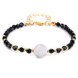 4mm Faceted Black Crystal Beaded Bracelet with 10mm Natural Stone Center Bead Gold Plated Adjustable Extension Chain Chakra Healing Bracelet for Women