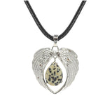 Vintage Silver Angel Wings Heart Necklace - Natural Stone Wax Cord Teardrop Pendant for Men & Women, Spiritual Gift