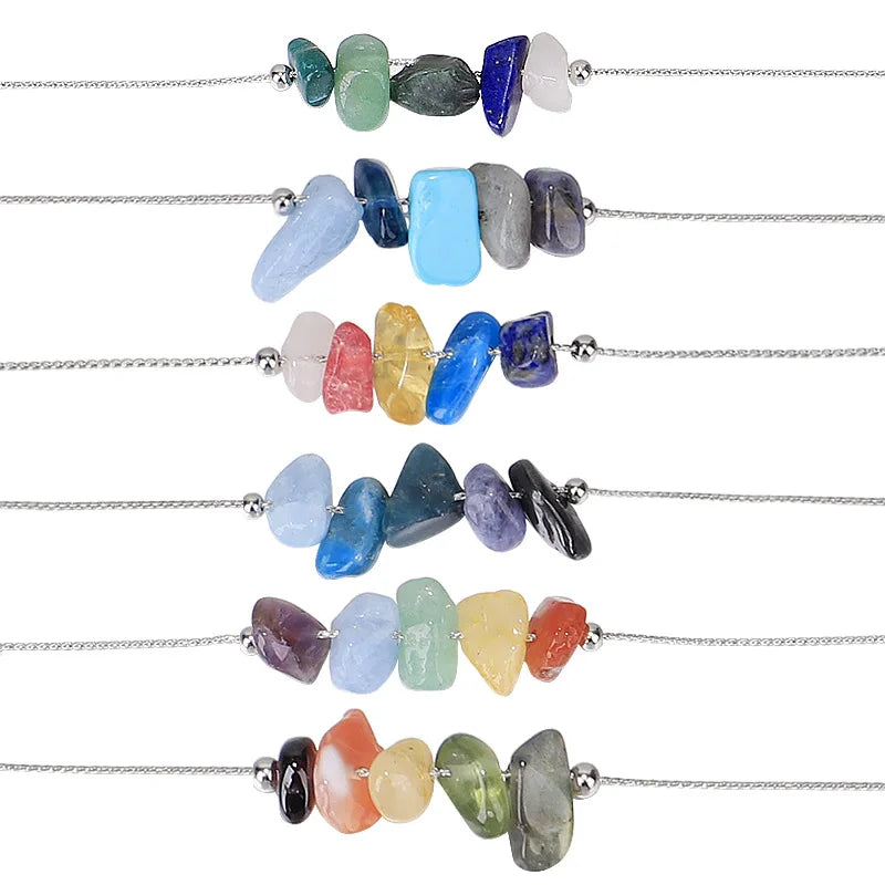 Chakra Crystal Chip Bar Necklace | Natural Gravel Stone Stainless Steel Chain for Women