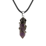 Vintage Rose Wrapped Crystal Pendant Necklace • Hexagonal Bullet Stone Charm • Boho Black Cord Healing Quartz Spiritual Jewelry