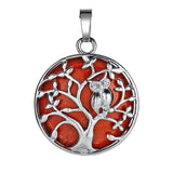 Natural Crystal Tree of Life Owl Pendant Necklace – 30mm Round Gemstone Amulet Jewelry Gift for Women