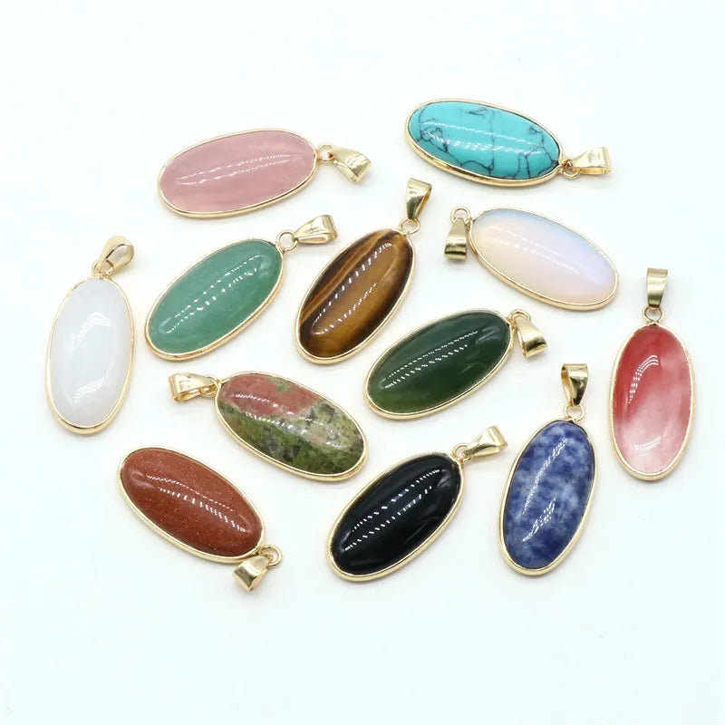35mm Natural Green Aventurine Oval Pendant Necklace, Gold-Plated Bezel Gemstone Charm