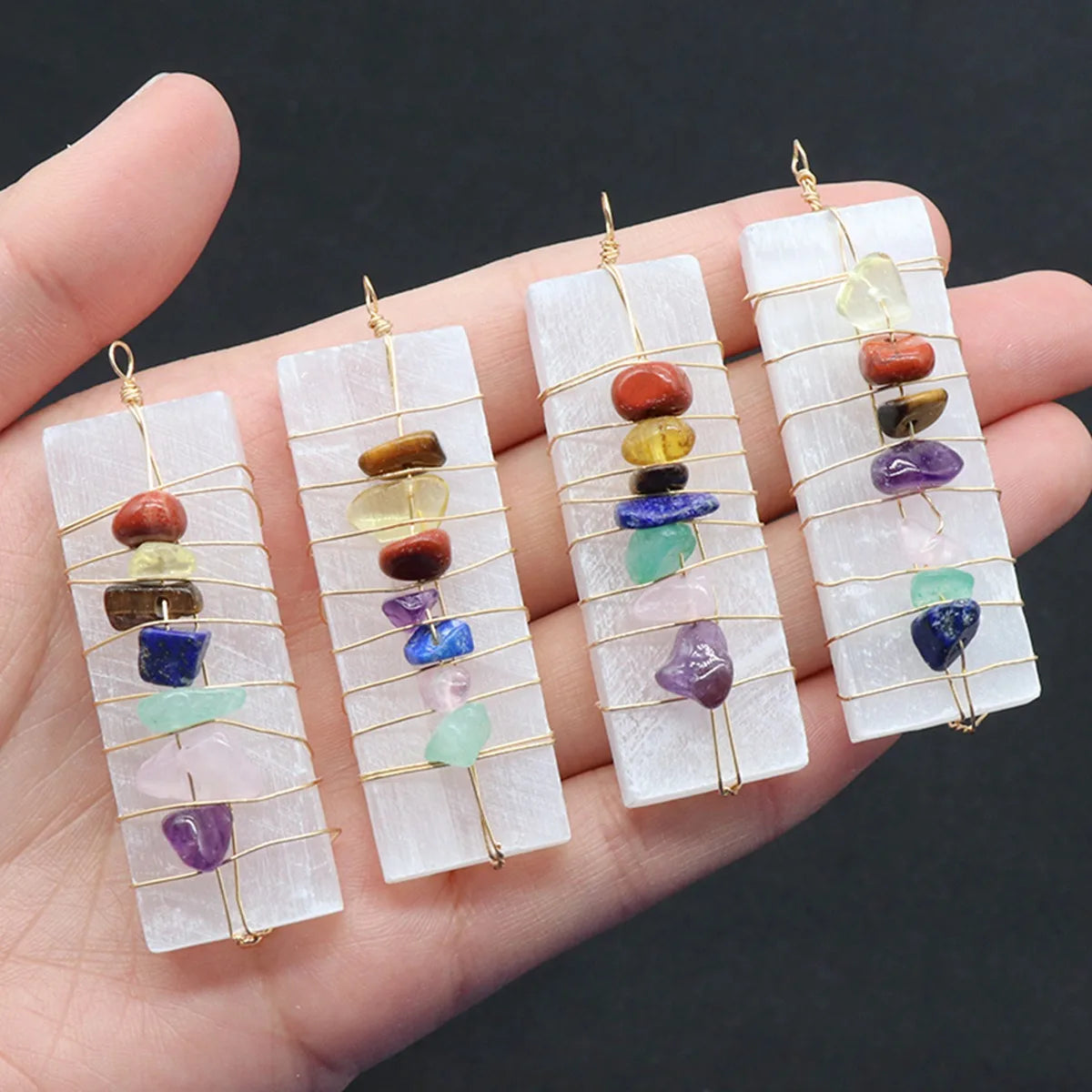 7 Chakra Selenite Crystal Pendant with Gold Wire Wrapping for Making Jewelry #SP1770