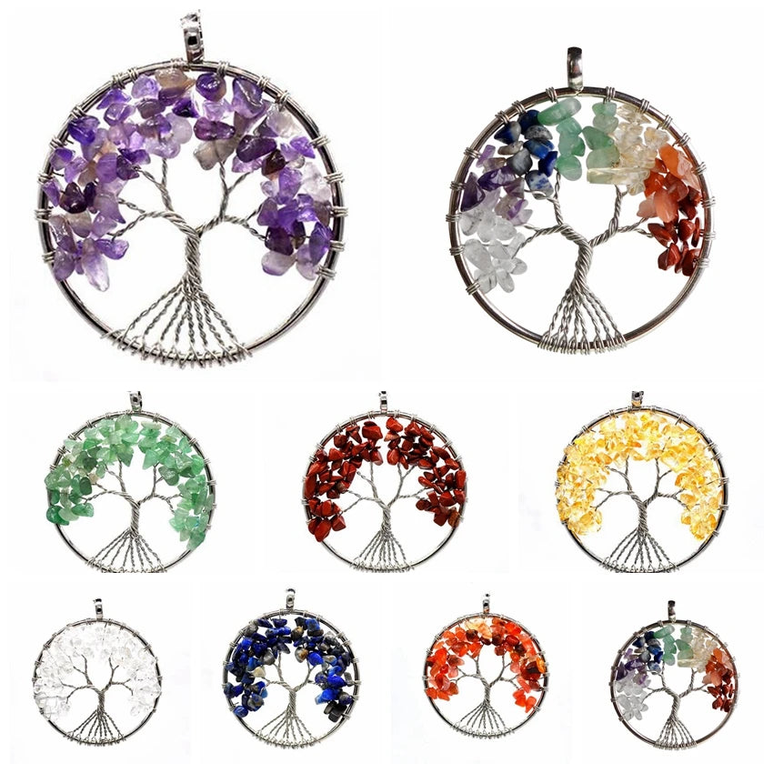 Tree of Life Crystal Chip Pendant, Silver Wire Wrapped Round Natural Gemstone Tree of Life Charm, Reiki Healing Stone Necklace Pendant for Women