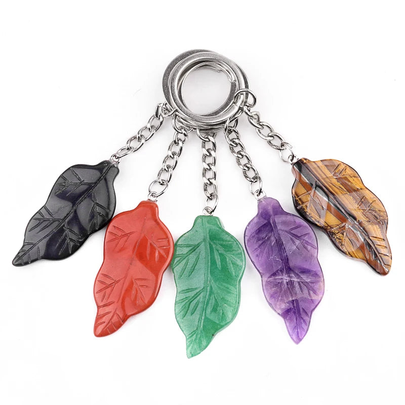 Fashional Natural Stone Carved Leaf Shaped Pendant Keychain Bag Small Crystal Pendant Decoration Safe for Festival Party Gift