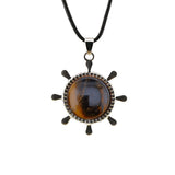Nautical Ship Wheel Cord Necklace • Casual Silver Mariner Helm Pendant with Natural Gemstone Sphere • Unisex Rugged Black Leather Rope Jewelry