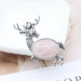 Vintage Deer Stag Natural Crystal Pendant, Antique Silver Alloy Animal Elk Inlaid Oval Cabochon Gemstone Pendant, Chakra Reiki Healing DIY Necklace Jewelry Making Charm