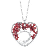 Heart Shaped Tree of Life Pendant Necklace, Natural Chip Gemstone Chakra Crystal Necklace Silver Wire Wrapped Jewelry Gift for Women