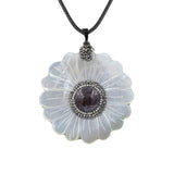 Mother of Pearl Daisy Flower Pendant Necklace, Natural Shell Carved Floral Crystal Center Black Wax Cord Boho Jewelry
