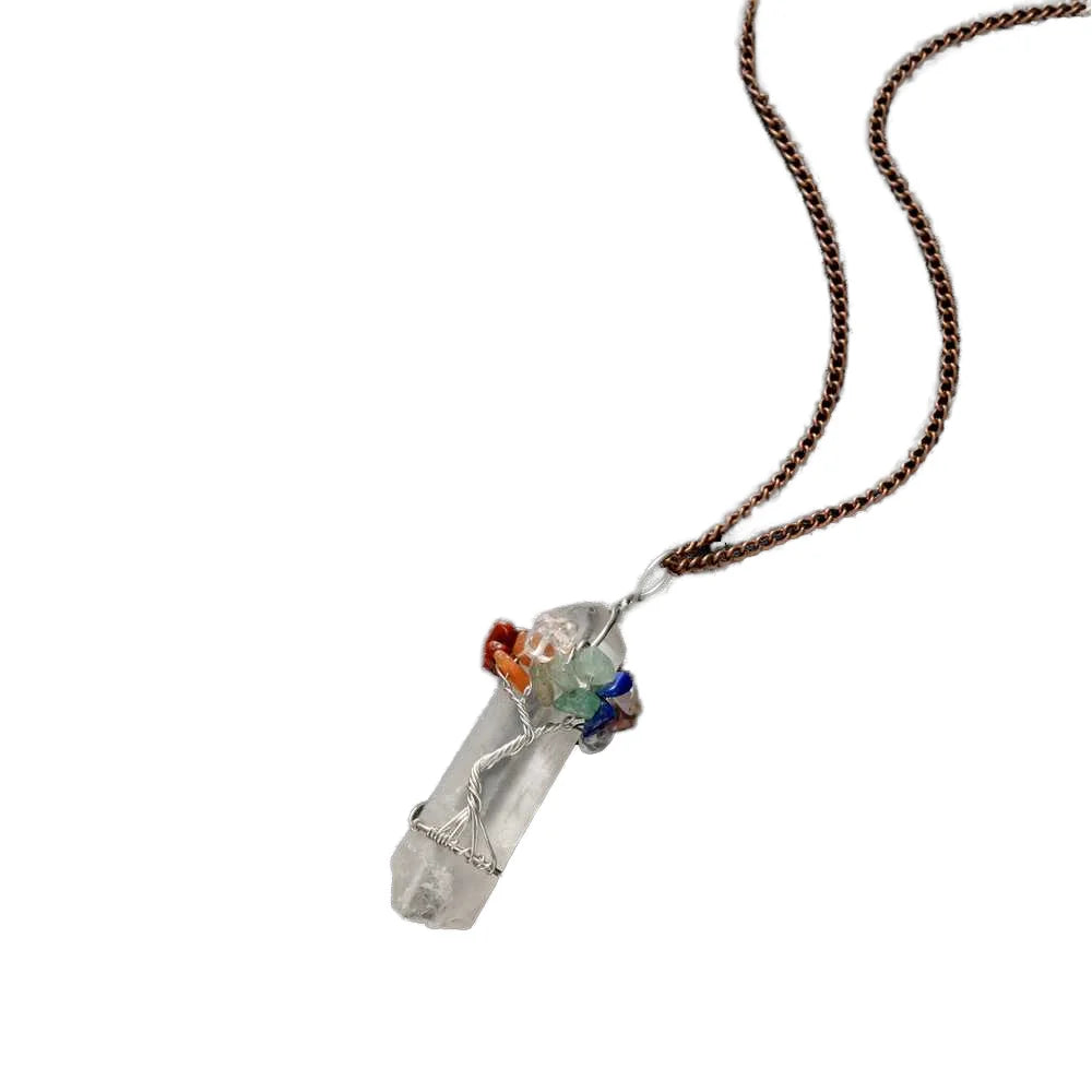 Newest Selling Gold Plated Chakra Gemstone Tree Life Pendant Necklace Natural Clear Quartz Healing Crystal Mother's Day Gift