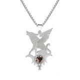Stainless Steel Flying Wolf Pendant Necklace - Mythical Creature Jewelry with Natural Agate Stone - Gothic Punk Style for Men