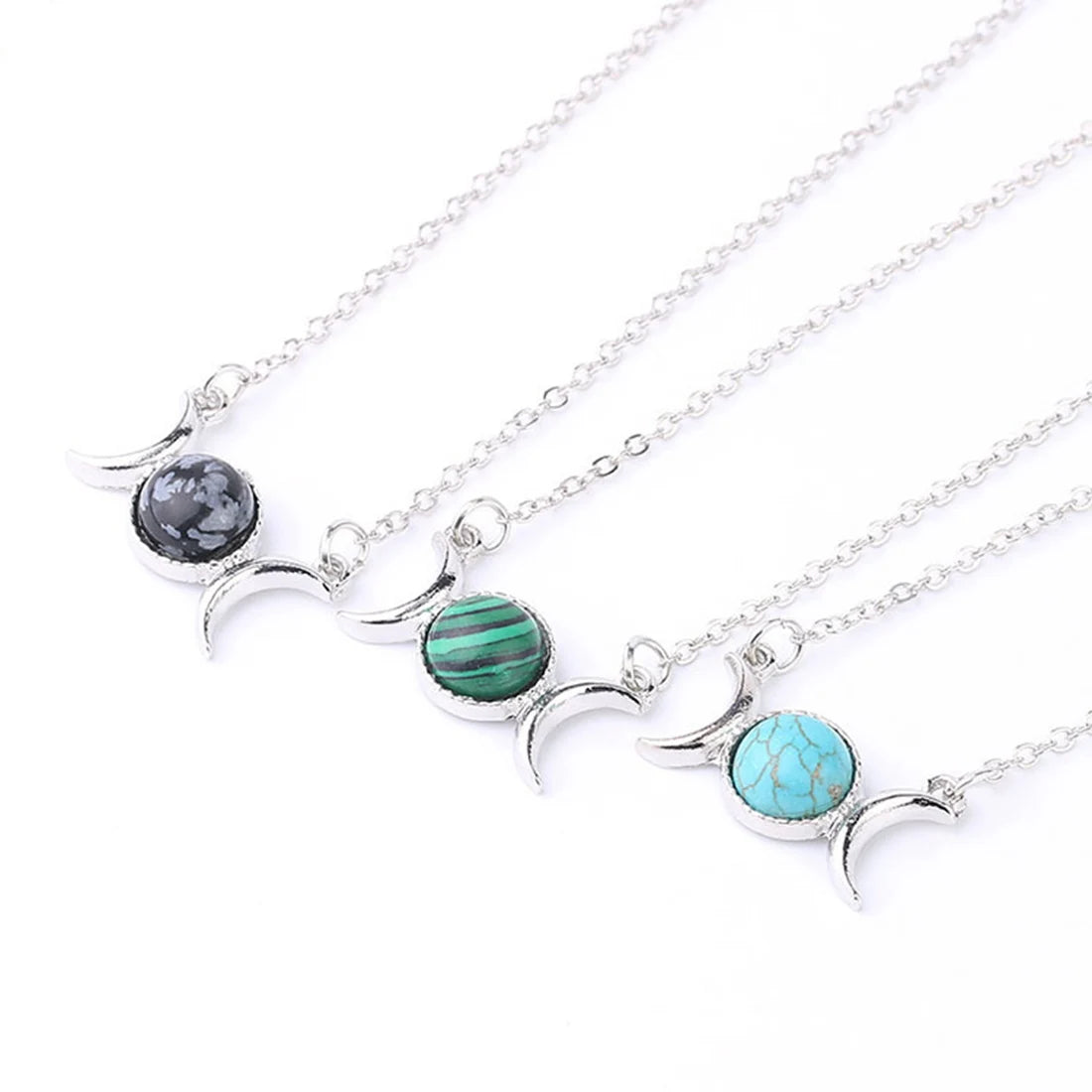 Triple Moon Goddess Natural Crystal Necklace, Silver Plated Triple Crescent Moon Pendant Round Cabochon Gemstone Necklace Reiki Chakra Healing Wicca Spiritual Jewelry for Women