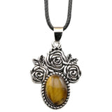 Silver Rose Flower Oval Gemstone Necklace 45CM Black Cord SN1503  10X14mm Stone Cab Pendant Jewelry