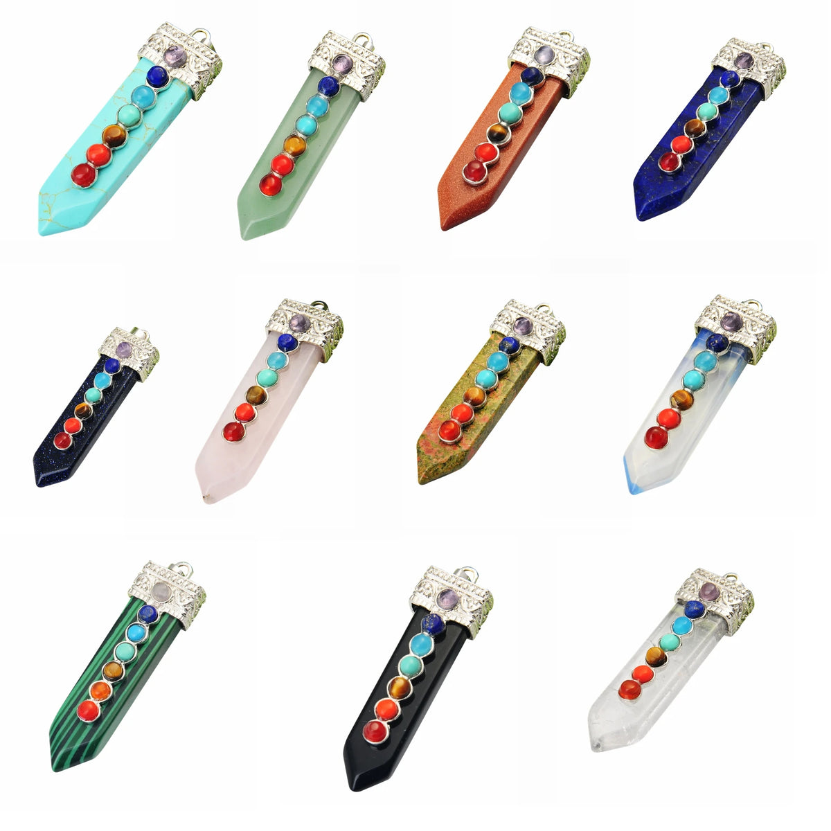 Natural Crystal Sword Shape 7 Chakra Pendant, Rainbow Chakra Beads Crystal Point Charm for DIY Necklace Making