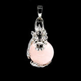Natural Crystal Sphere Pendant, Silver Metal Dragonfly Wrapped Round Ball Gemstone Pendant, Reiki Chakra Healing DIY Necklace Jewelry Charm 16mm