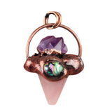 Gothic Mixed Stone Sacred Geometry Pendant - Antique Red Copper Wrapped Crystal Point and Abalone Shell Spiritual Necklace