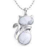 Natural Gemstone Cat Pendant Silver‑Tone Alloy Animal Charm Double Teardrop Inlaid Crystal Stone 22×40mm Chakra Reiki Healing Pendant for DIY Necklace Jewelry Making Bulk