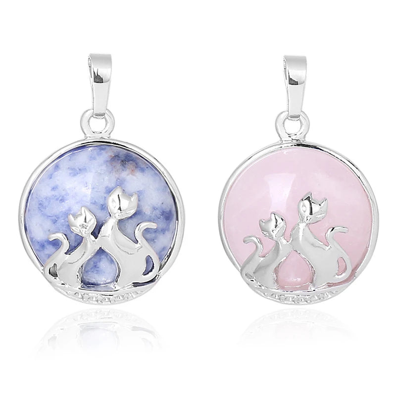 Natural Gemstone Round Pendant Silver‑Tone Double Cat Silhouette Overlay Charm, Mixed Crystal Stone Cat Lover Pendant DIY Necklace Jewelry Making Reiki Healing