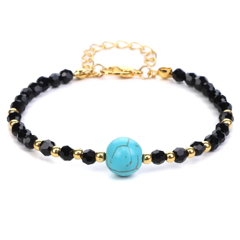 4mm Faceted Black Crystal Beaded Bracelet with 10mm Natural Stone Center Bead Gold Plated Adjustable Extension Chain Chakra Healing Bracelet for Women