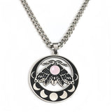 Vintage Moth Moon Phase Necklace - Gothic Stainless Steel Gemstone Amulet - Witchy Celestial Insect Jewelry for Women & Men