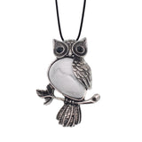 Vintage Antique Silver Owl Pendant, Natural Mixed Gemstone Owl on Branch Charm, Retro Metal Owl Inlaid Crystal Stone Pendant, Reiki Healing Animal Necklace Jewelry for Women