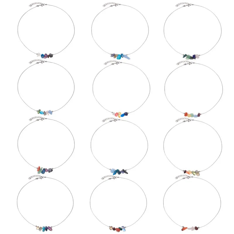 Chakra Crystal Chip Bar Necklace | Natural Gravel Stone Stainless Steel Chain for Women