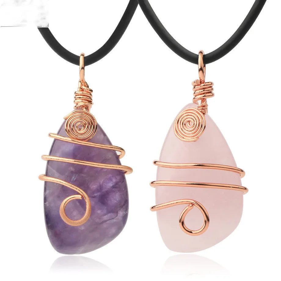 Copper Wire Wrapped Tumbled Natural Crystal Pendant, Irregular Raw Gemstone Healing Necklace Charms for Women Jewelry Making