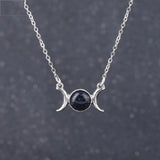 Triple Moon Goddess Natural Crystal Necklace, Silver Plated Triple Crescent Moon Pendant Round Cabochon Gemstone Necklace Reiki Chakra Healing Wicca Spiritual Jewelry for Women