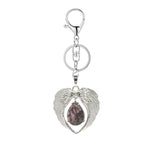 Silver Angel Wings Heart Keyring - Natural Stone Teardrop Crystal Keychain for Purse, Backpack, Handbag, Car Keys