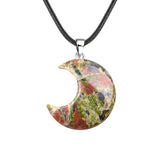 Natural Crescent Moon Necklace - Healing Crystal Moon Pendant with Black Leather Cord - Spiritual Reiki Jewelry for Women & Men